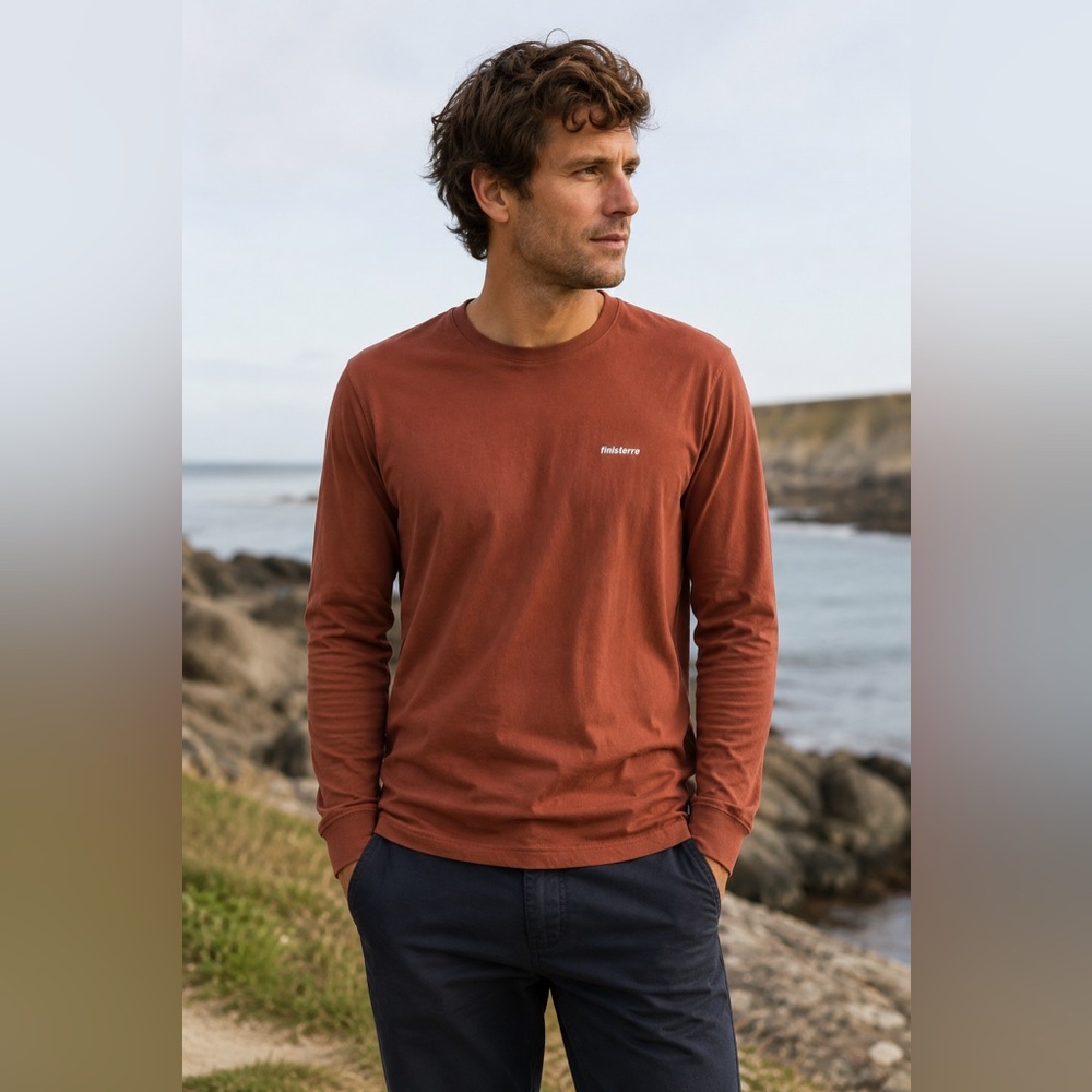 Finisterre Mens L Organic Cotton Long Sleeve T Shirt Rust Logo Surf Outdoor Tee